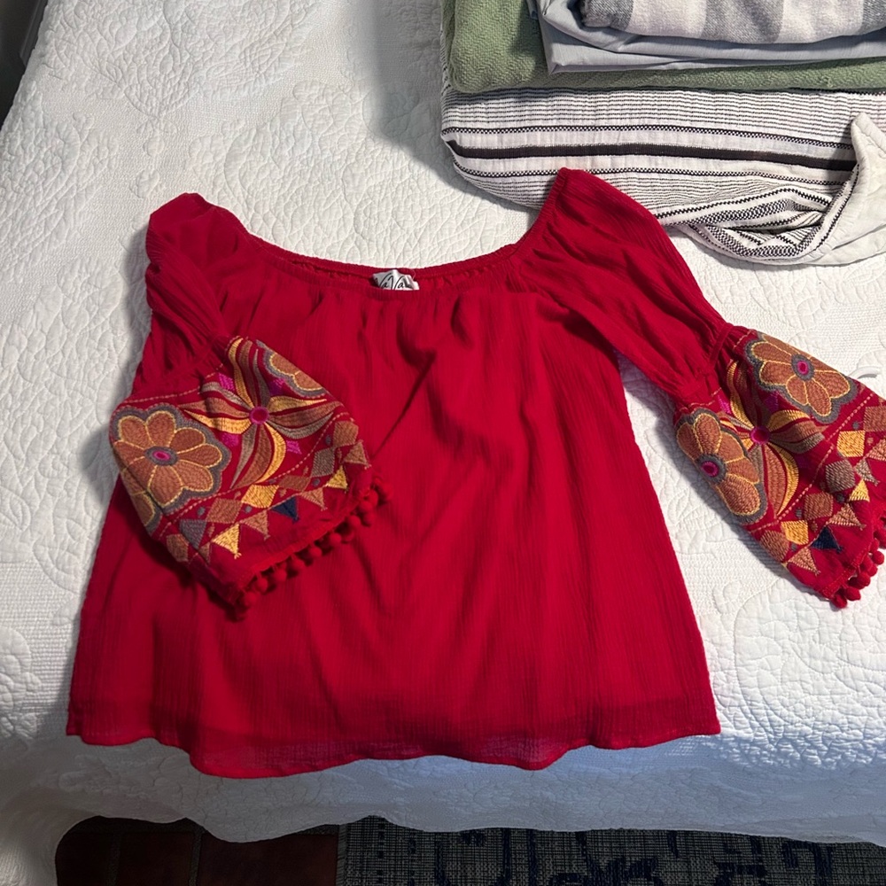 Vava by Joy Han Red Blouse with Embroidered Sleeves